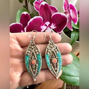 Vintage Ethnic Tribal Dangle Earrings Inlay Stones Set In Silver 2”in & 17grams